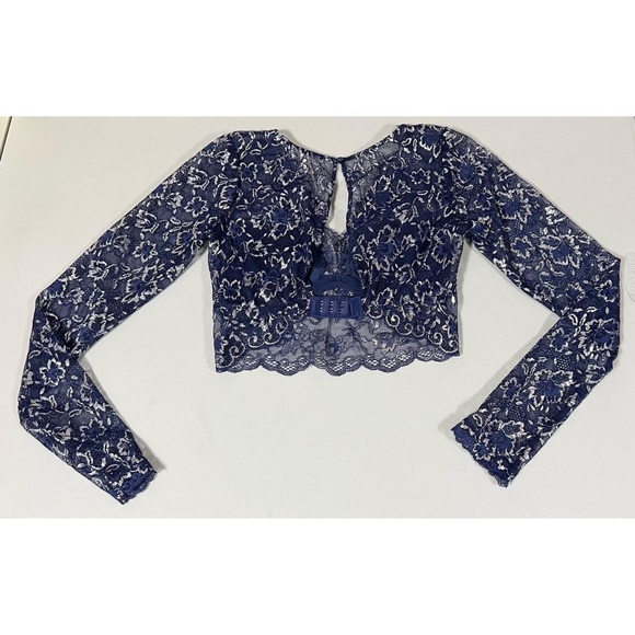 Navy Blue Floral Lace Long Sleeve Bra-Top Bralette Brassiere Lingerie Size S 💙 - Picture 7 of 7